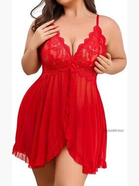 Plus Size Lace Babydoll V-Neck Open Front Nightdress Chemise